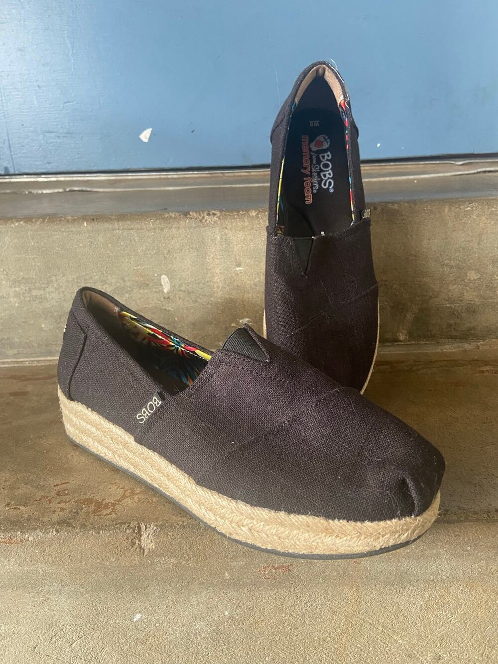 Skechers BOBS black canvas slip on platform espadrilles